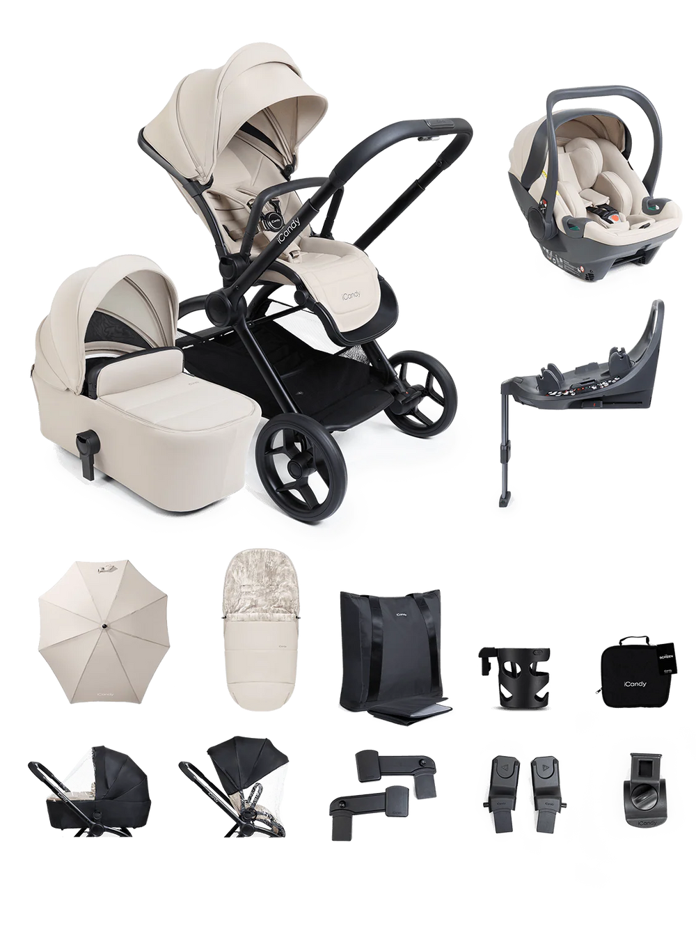 Core 2 Sandstone Pushchair and Carrycot - Complete 360 Car Seat Bundle