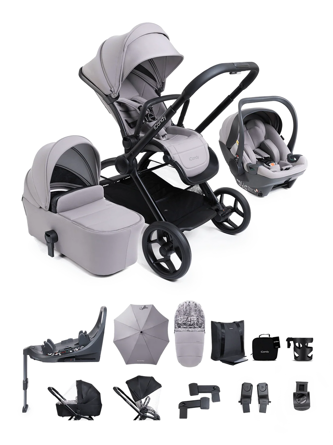 Core 2 Storm Grey Pushchair and Carrycot - Complete 360 Car Seat Bundle