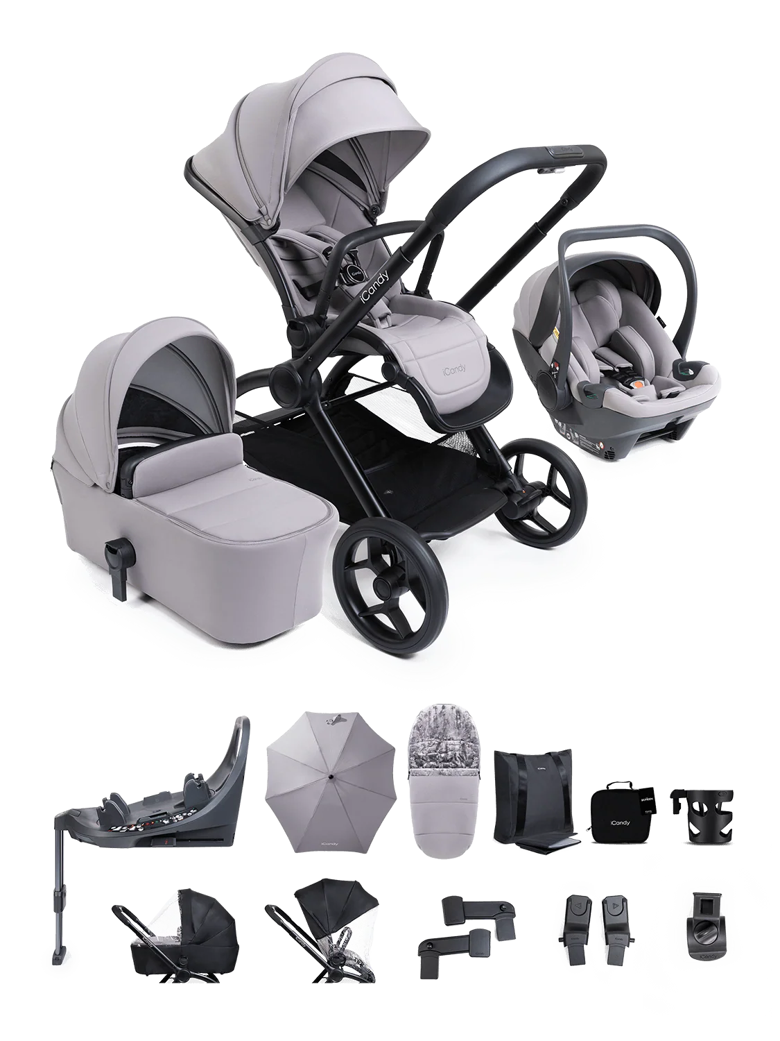 Core 2 Storm Grey Pushchair and Carrycot - Complete 360 Car Seat Bundle