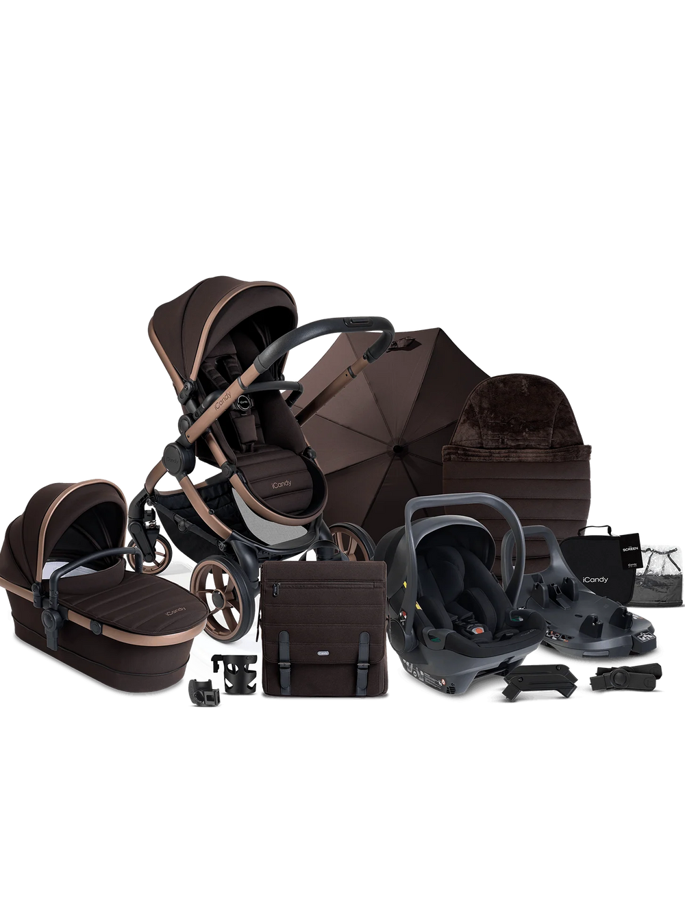 Peach 7 Pecan Pushchair and Carrycot - Complete 360 Car Seat Bundle
