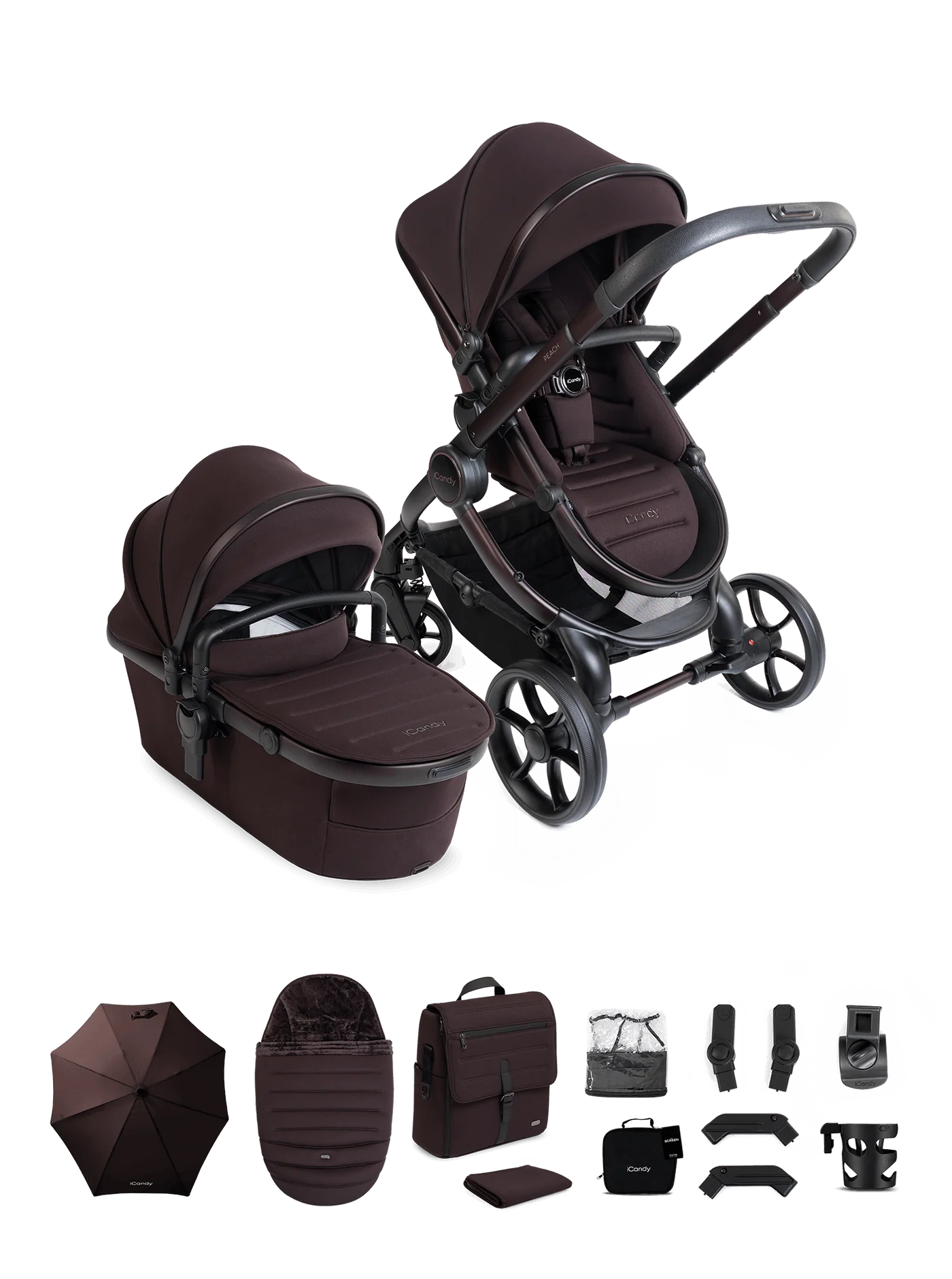 Peach 8 Coffee Bean kinderwagen en reiswieg inclusief complete bundel