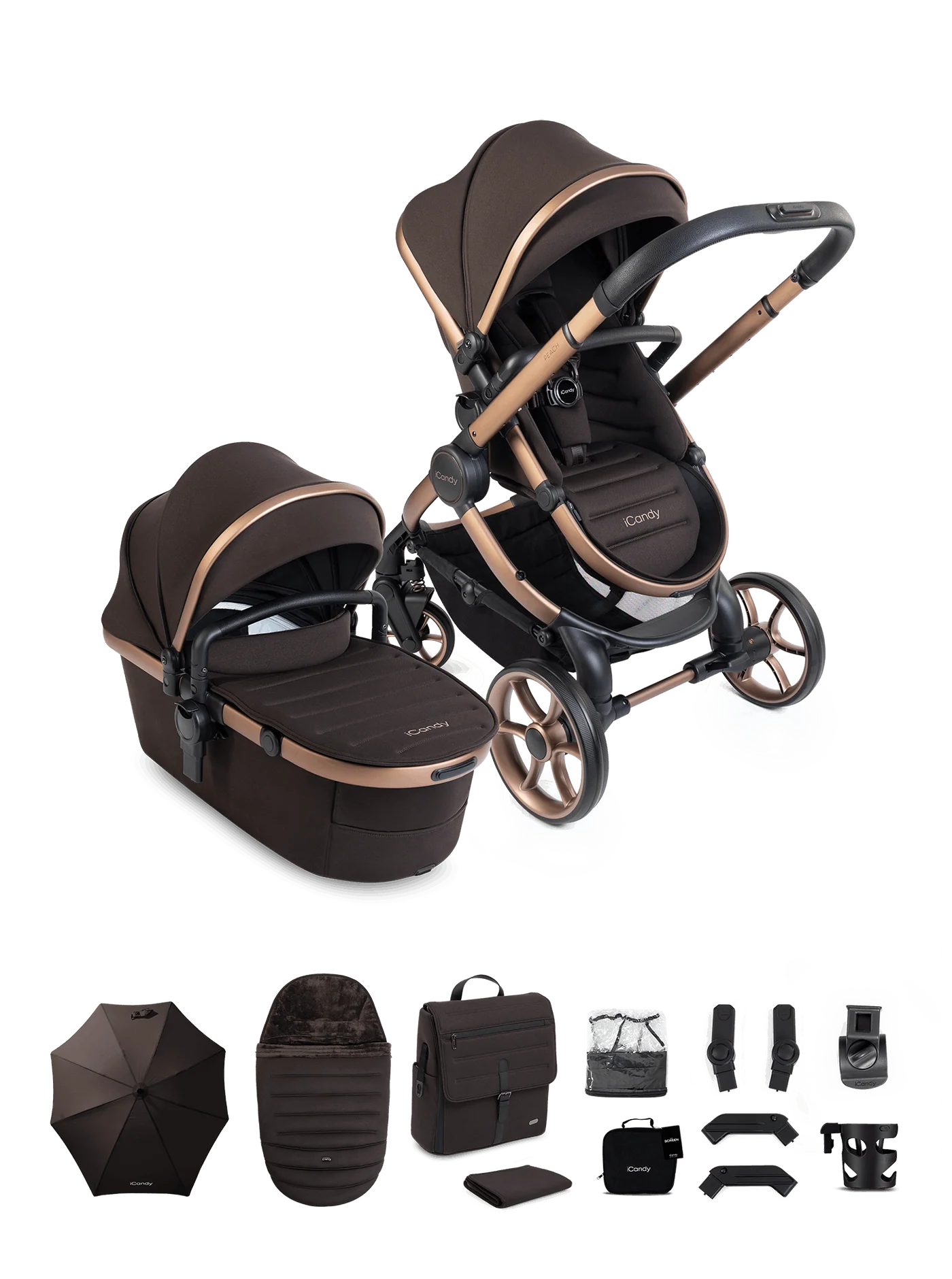 Peach 8 Pecan kinderwagen en reiswieg inclusief complete bundel