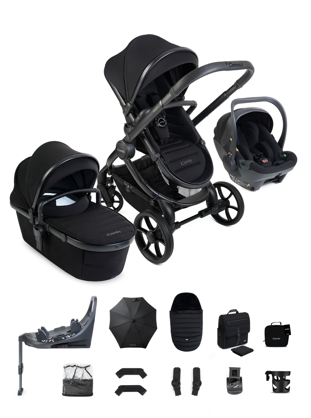 Peach 8 Black 3-1 kinderwagen en reiswieg – bundel met 360-graden autostoel