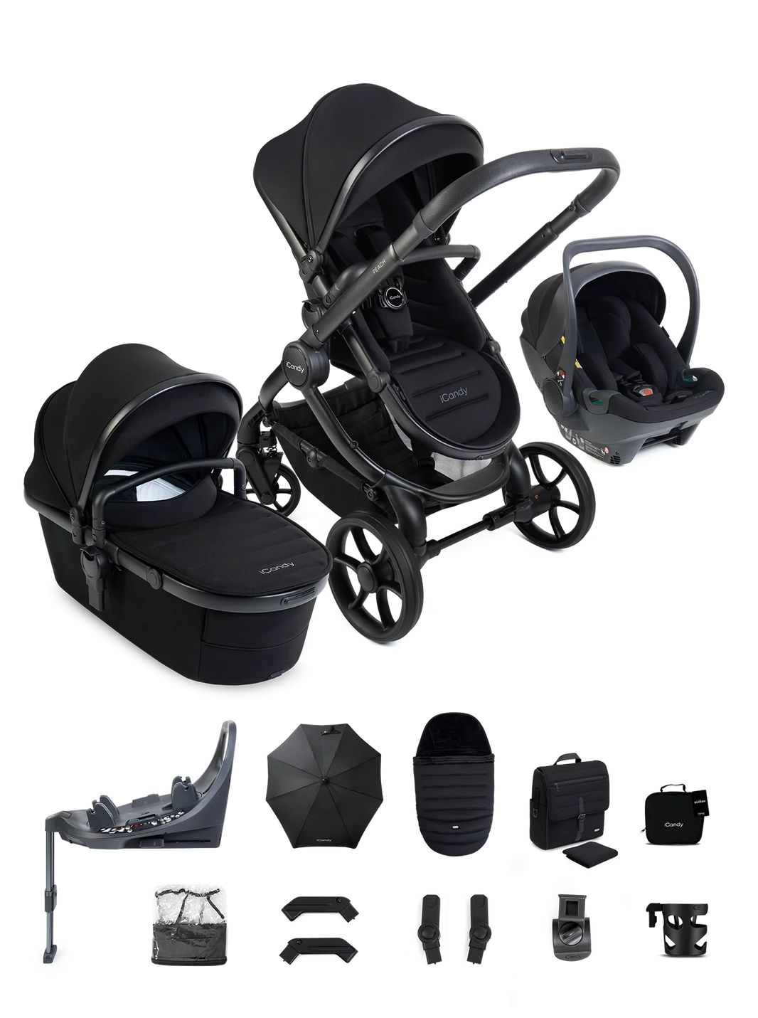 Peach 8 Black 3-1 kinderwagen en reiswieg – bundel met 360-graden autostoel