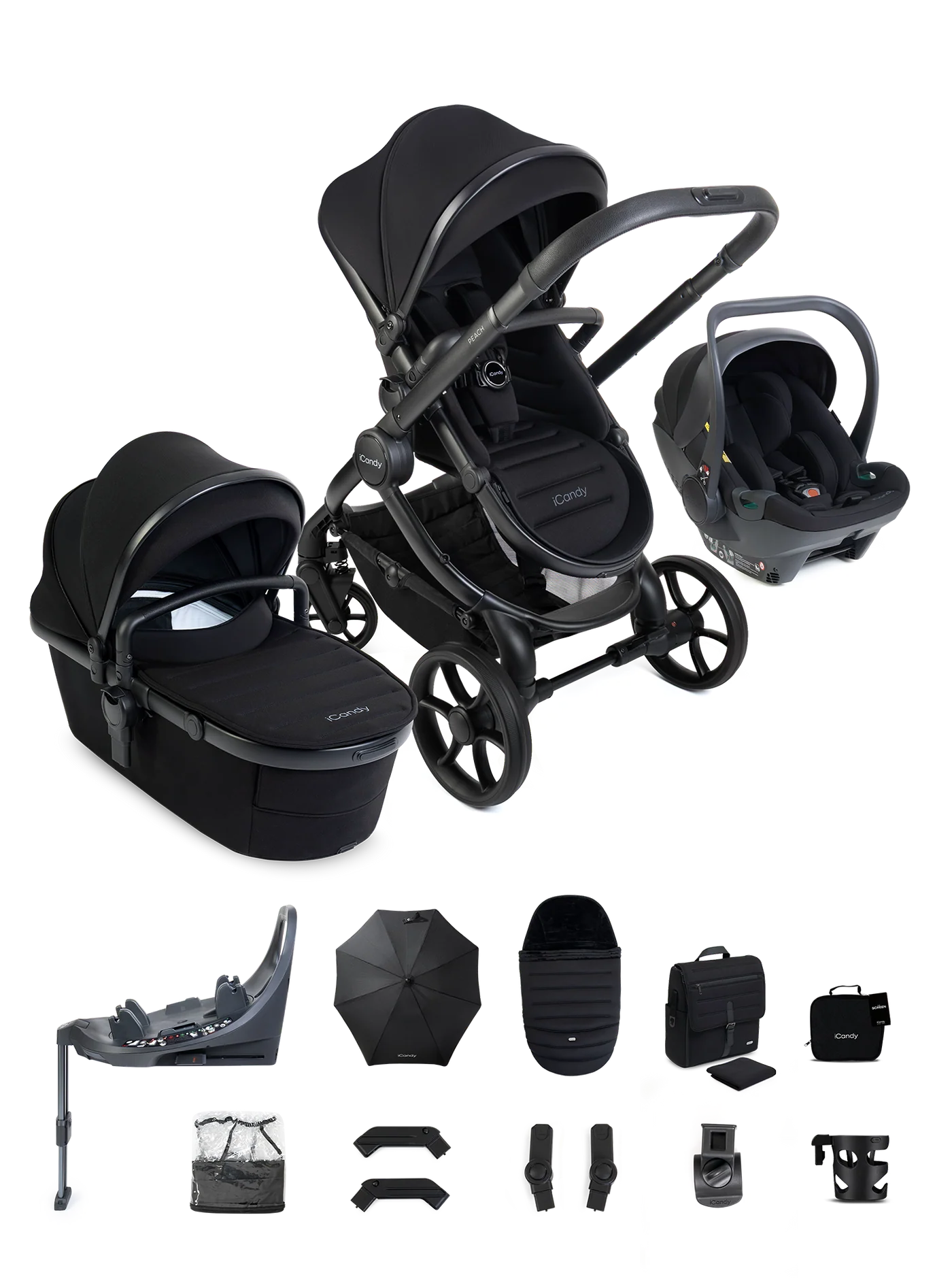 Peach 8 Black 3-1 kinderwagen en reiswieg – bundel met 360-graden autostoel