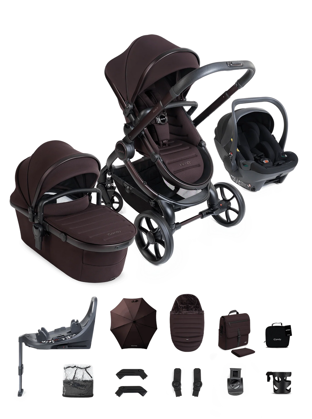 Peach 8 Coffee Bean 3-1 kinderwagen en reiswieg – Bundel met kinderwagen en 360-autostoeltje