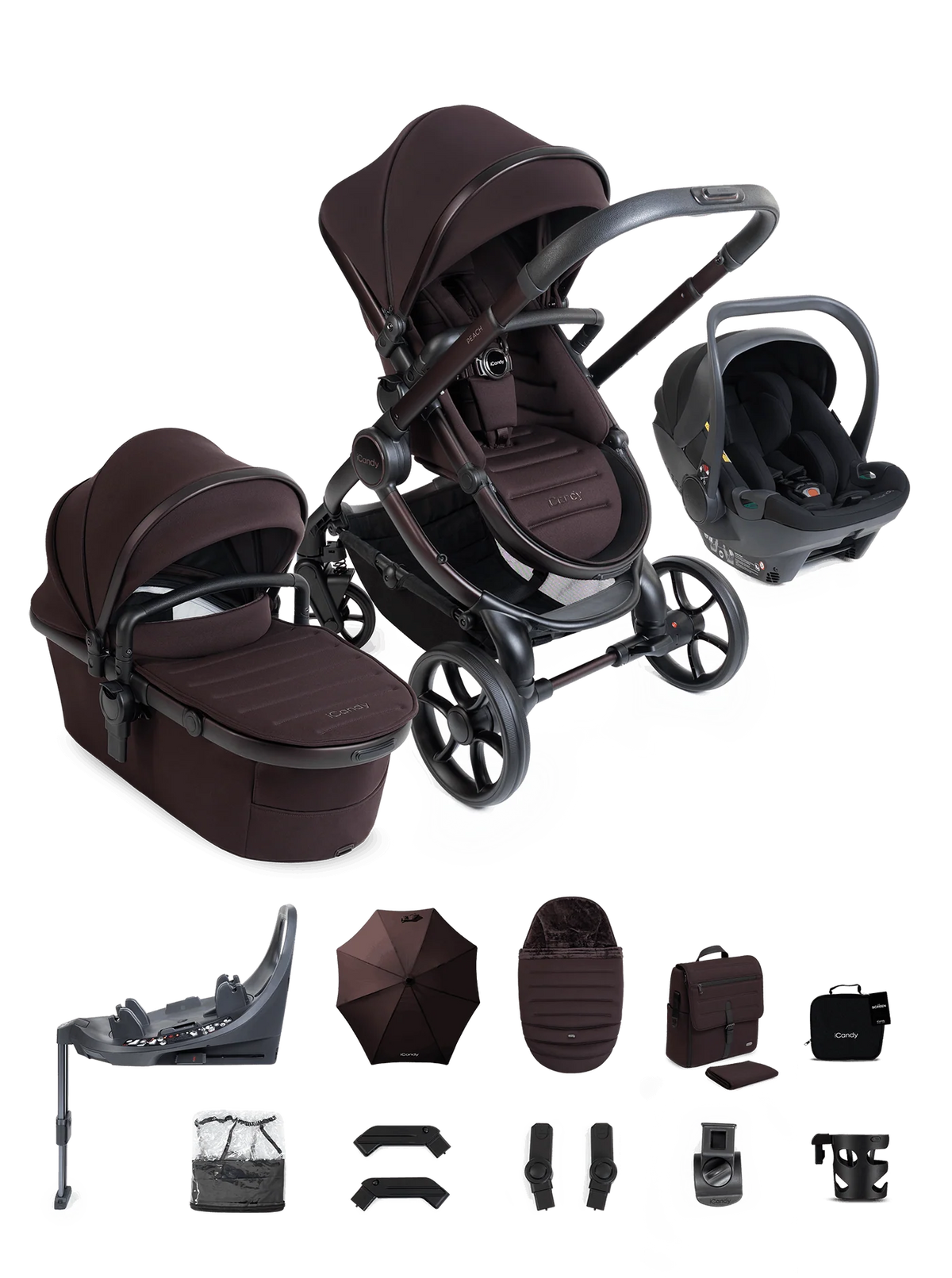 Peach 8 Coffee Bean 3-1 kinderwagen en reiswieg – Bundel met kinderwagen en 360-autostoeltje