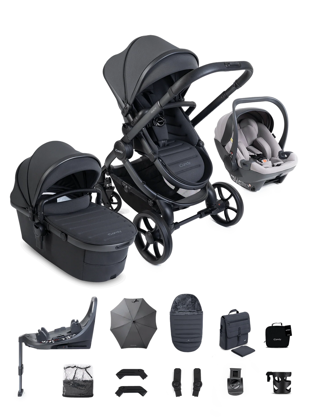 Peach 8 grijze 3-1 kinderwagen en reiswieg – bundel met 360-graden autostoeltje