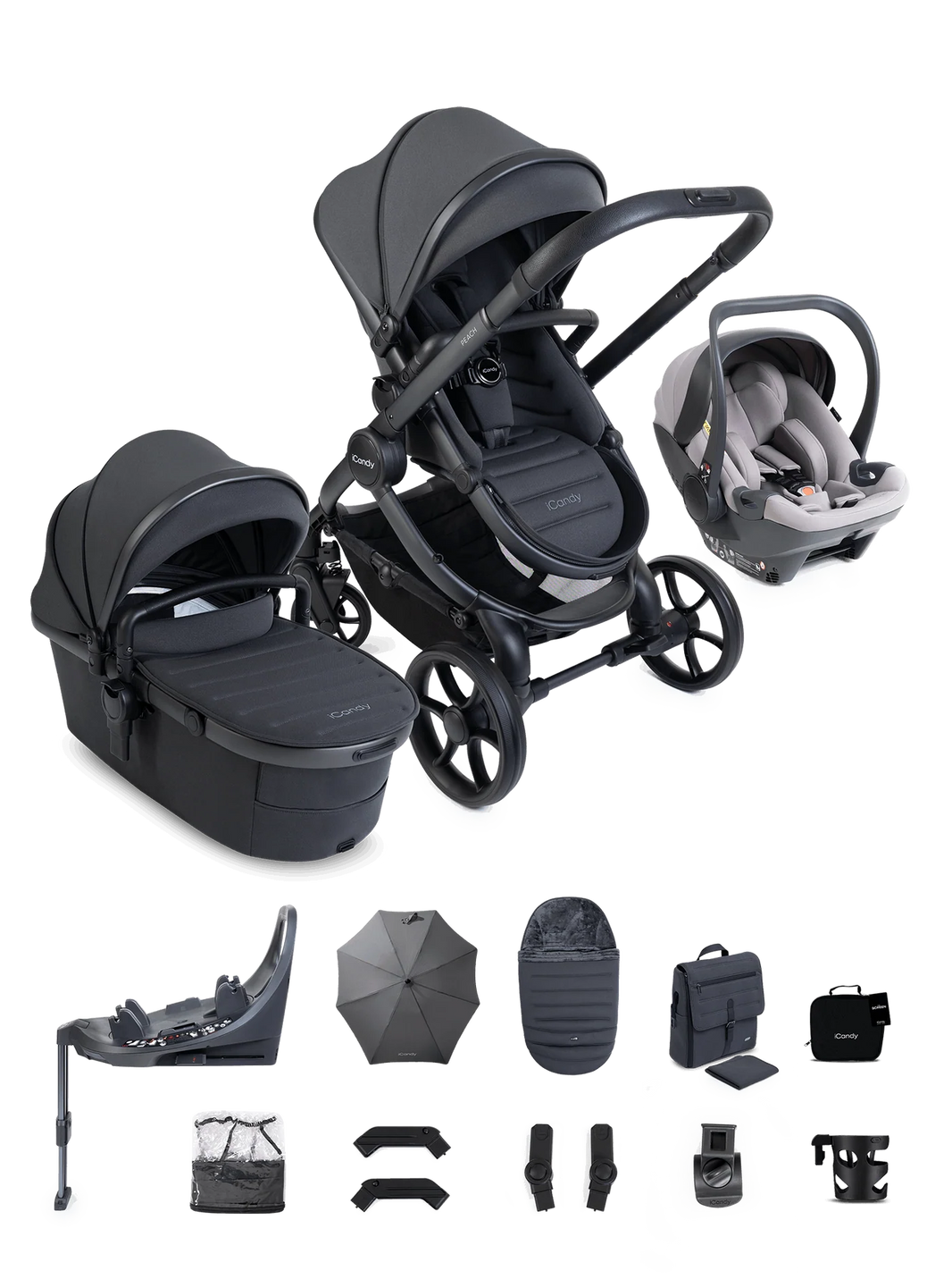 Peach 8 grijze 3-1 kinderwagen en reiswieg – bundel met 360-graden autostoeltje