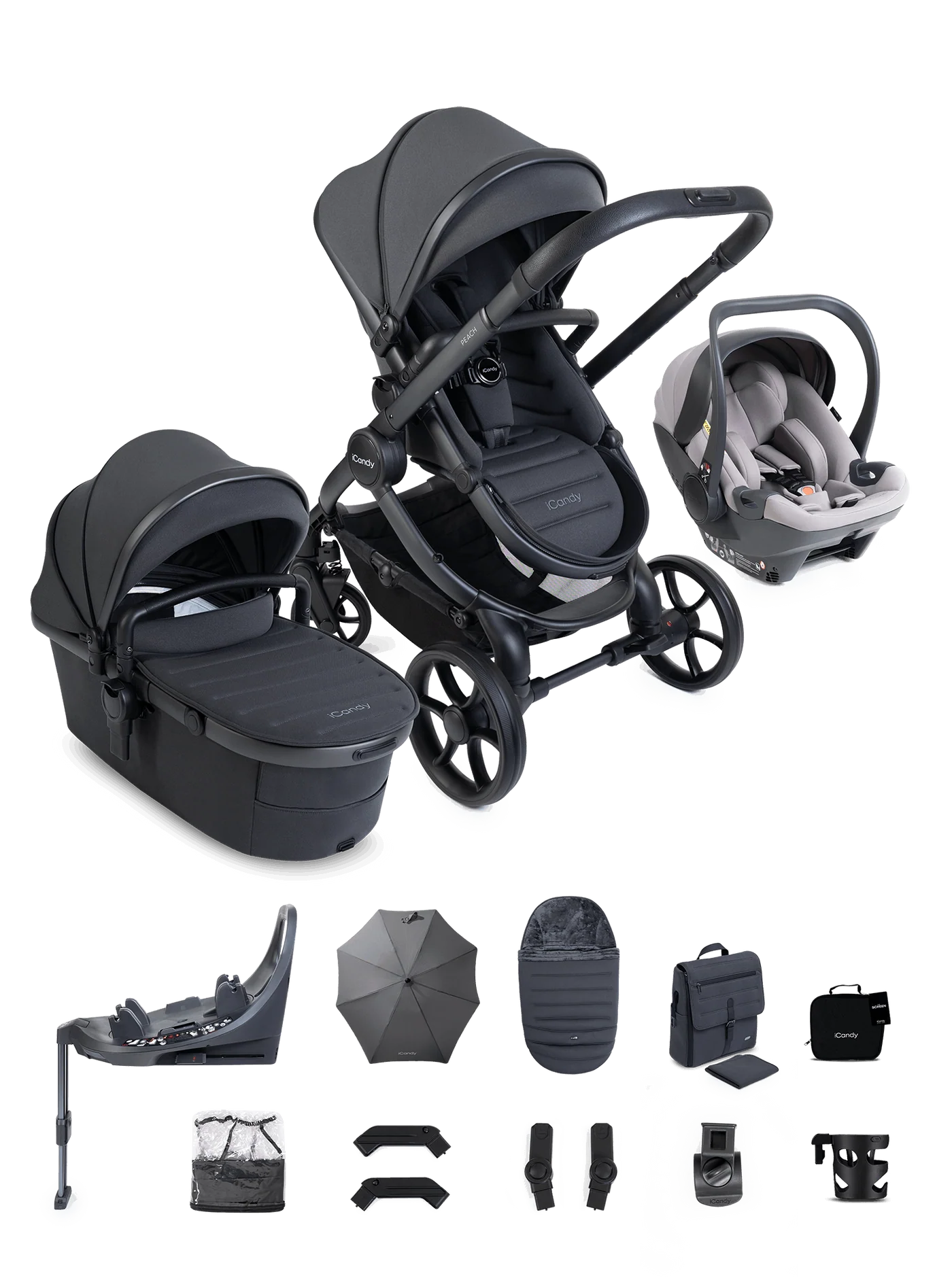 Peach 8 grijze 3-1 kinderwagen en reiswieg – bundel met 360-graden autostoeltje