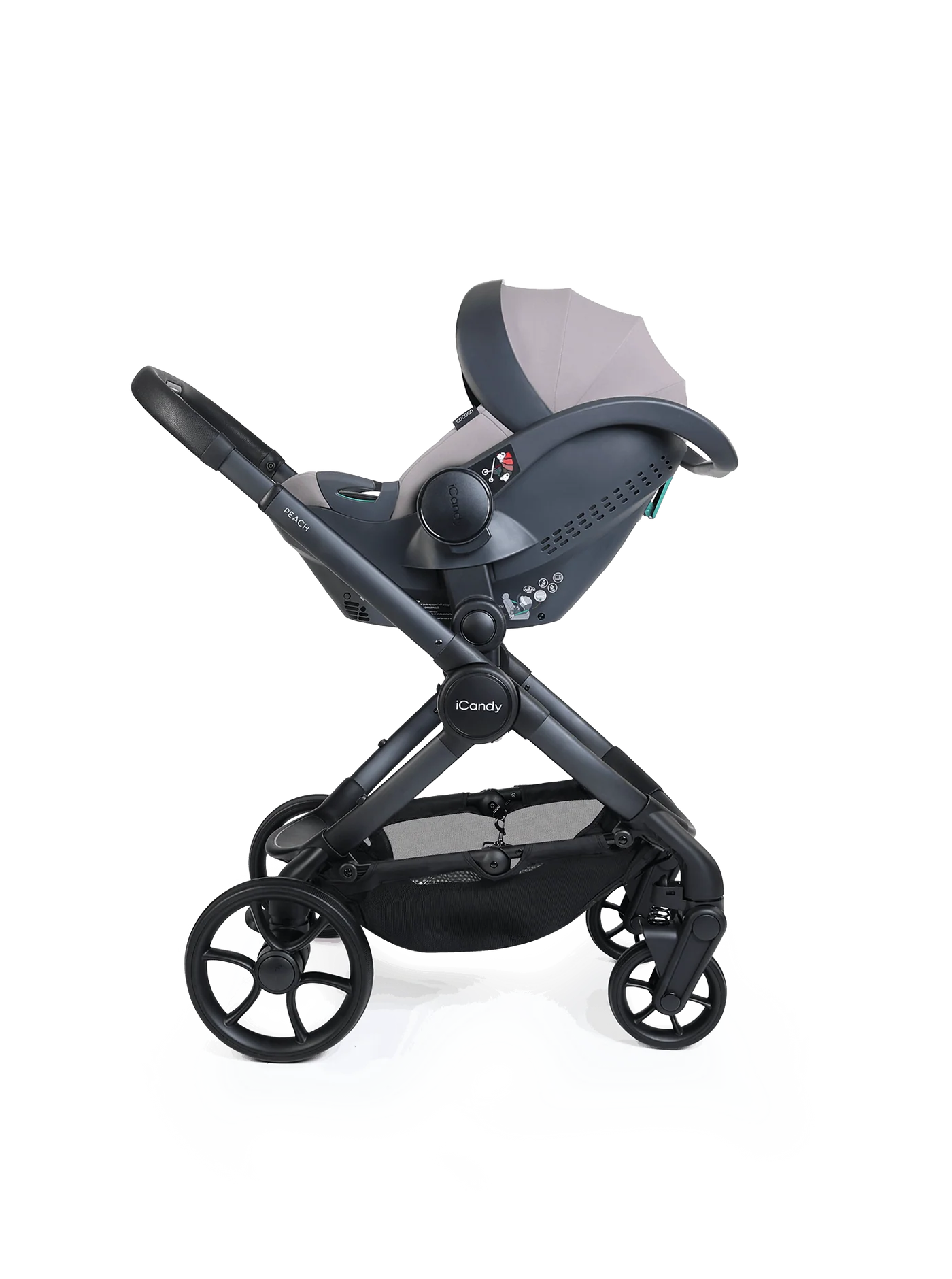 Peach 8 grijze 3-1 kinderwagen en reiswieg – bundel met 360-graden autostoeltje
