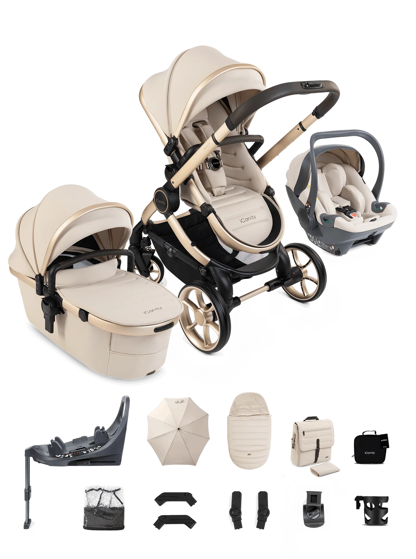 Peach 8 Biscotti 3-1 kinderwagen en reiswieg – Bundel met 360-graden autostoel