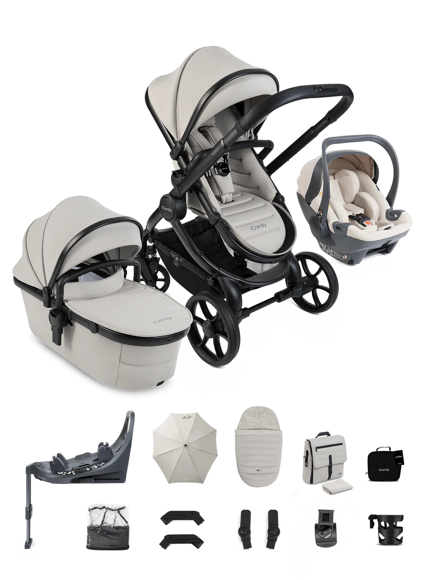Peach 8 Taupe 3-1 kinderwagen en reiswieg – Bundel met kinderwagen en 360-graden autostoeltje