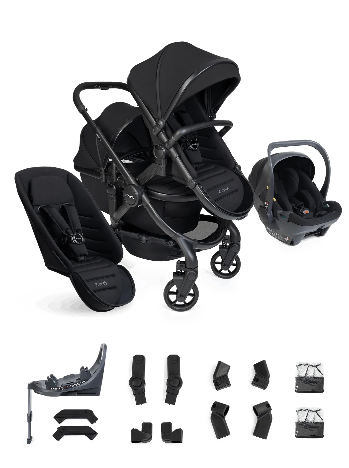 iCandy Peach 8 Twin 3-in-1 Kinderwagen – Black – Complete Bundle