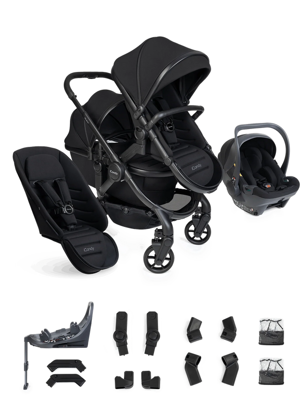 Peach 8 Black Pushchair and Carrycot - Double 360 Car Seat Combo