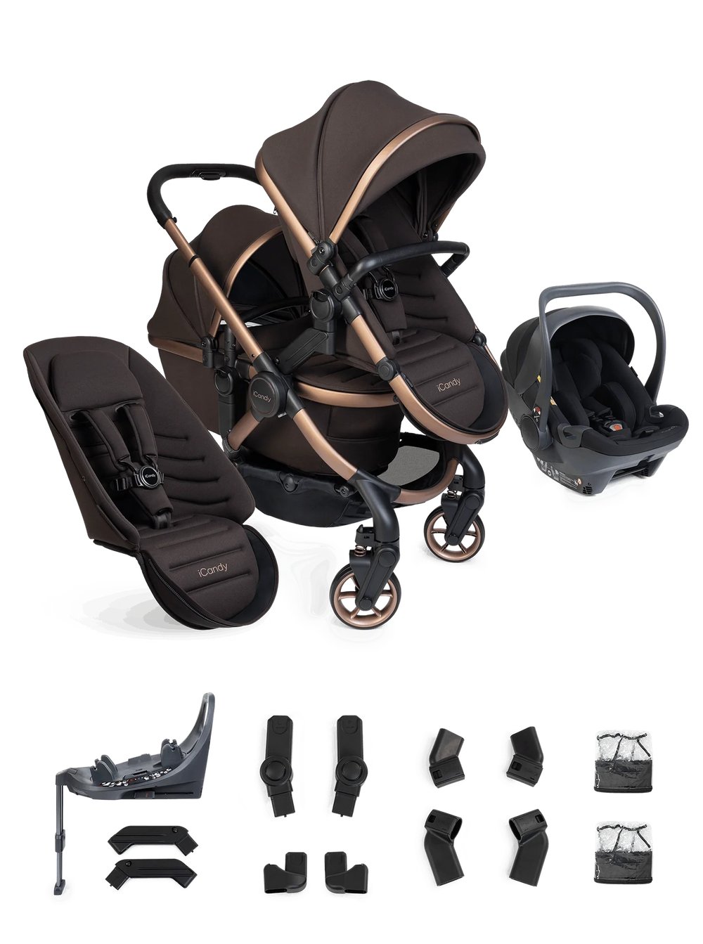 Peach 8 Pecan 3-1 kinderwagen en reiswieg – Dubbele combinatie met 360-graden draaibaar autostoeltje
