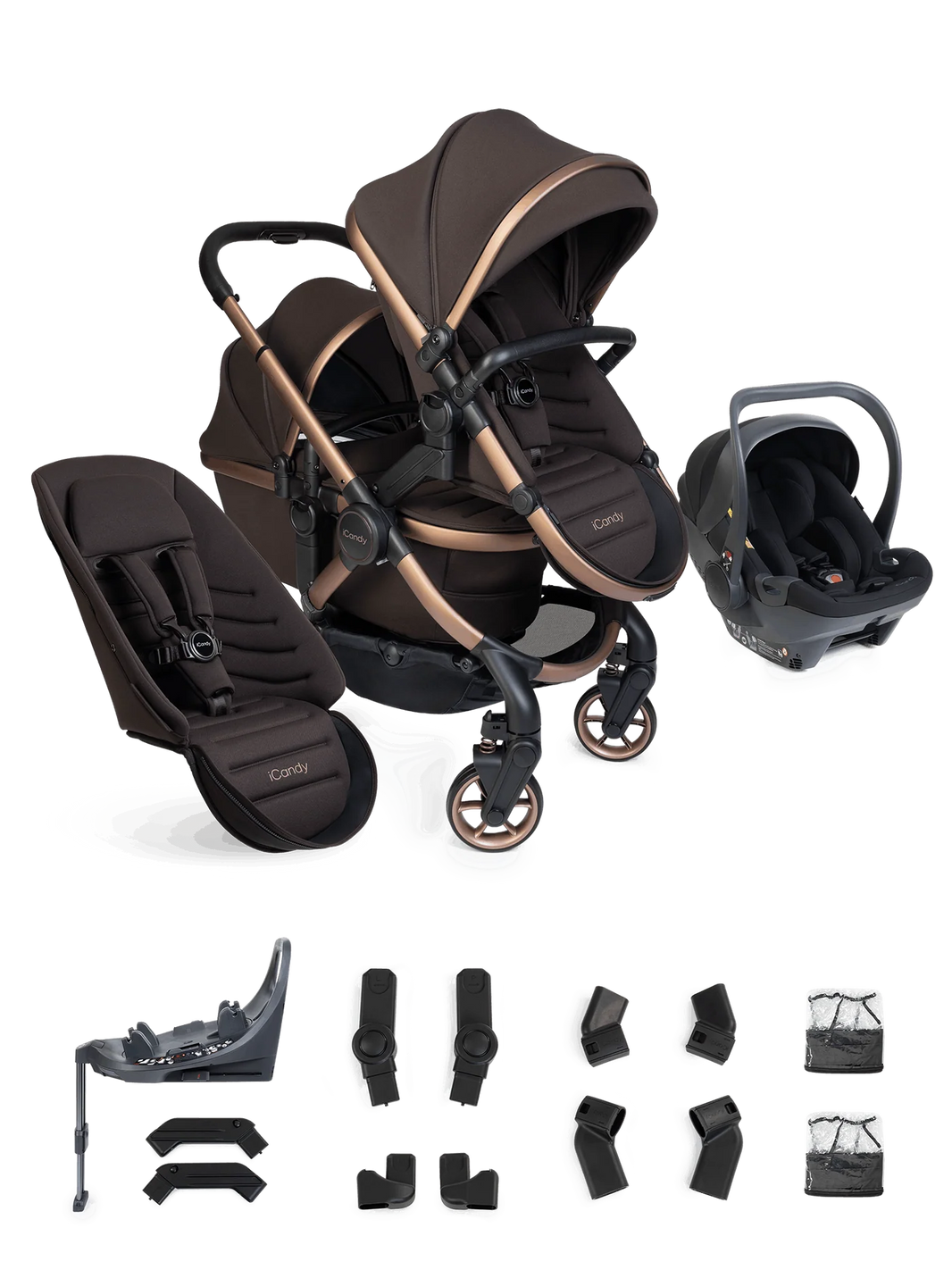 Peach 8 Pecan 3-1 kinderwagen en reiswieg – Dubbele combinatie met 360-graden draaibaar autostoeltje