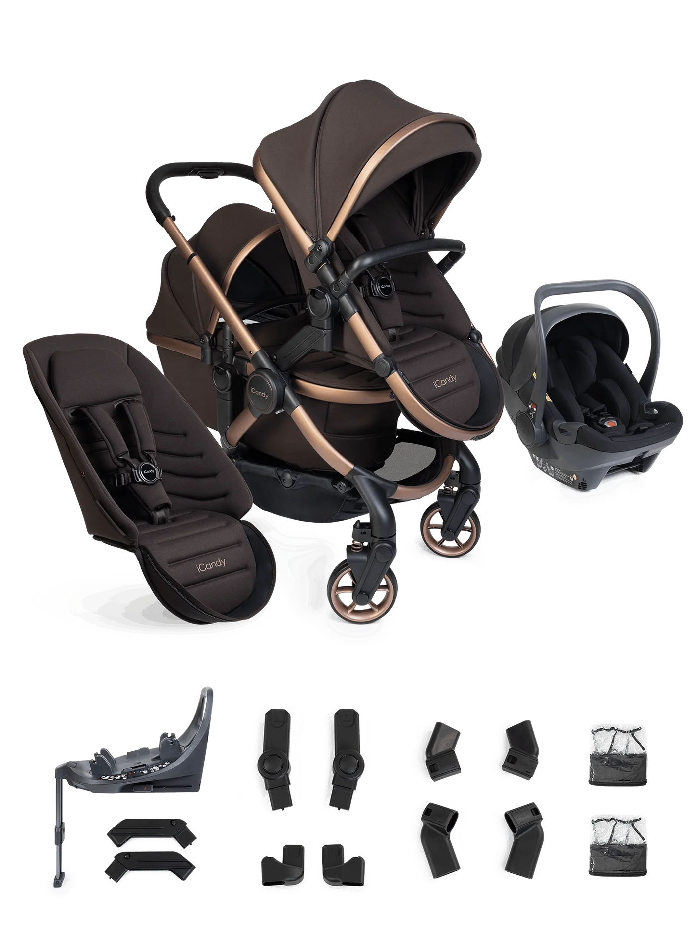 Peach 8 Pecan 3-1 kinderwagen en reiswieg – Dubbele combinatie met 360-graden draaibaar autostoeltje