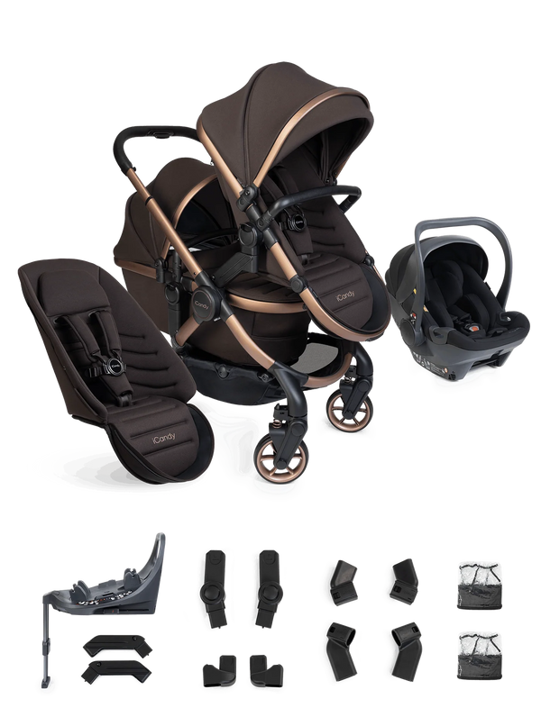 Peach 8 Pecan Pushchair and Carrycot - Double 360 Car Seat Combo