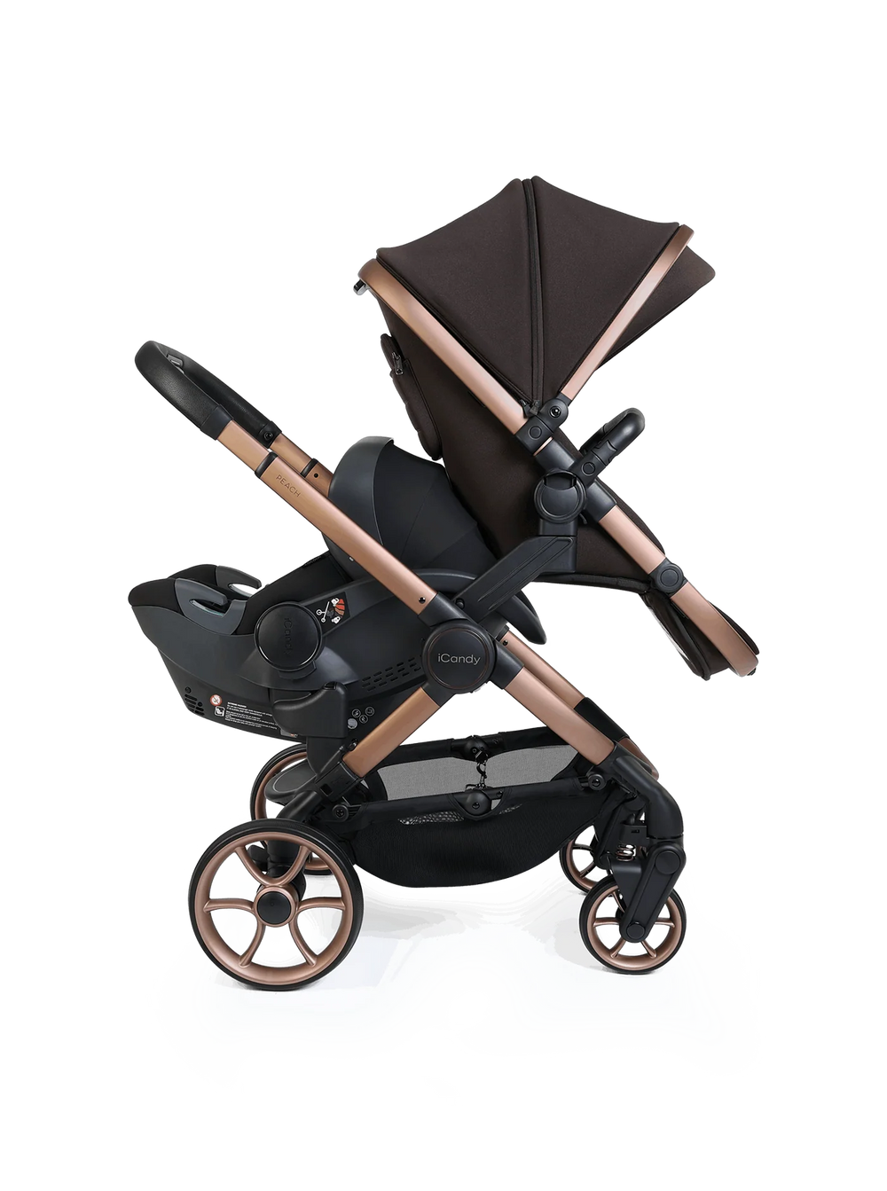 Peach 8 Pecan 3-1 kinderwagen en reiswieg – Dubbele combinatie met 360-graden draaibaar autostoeltje