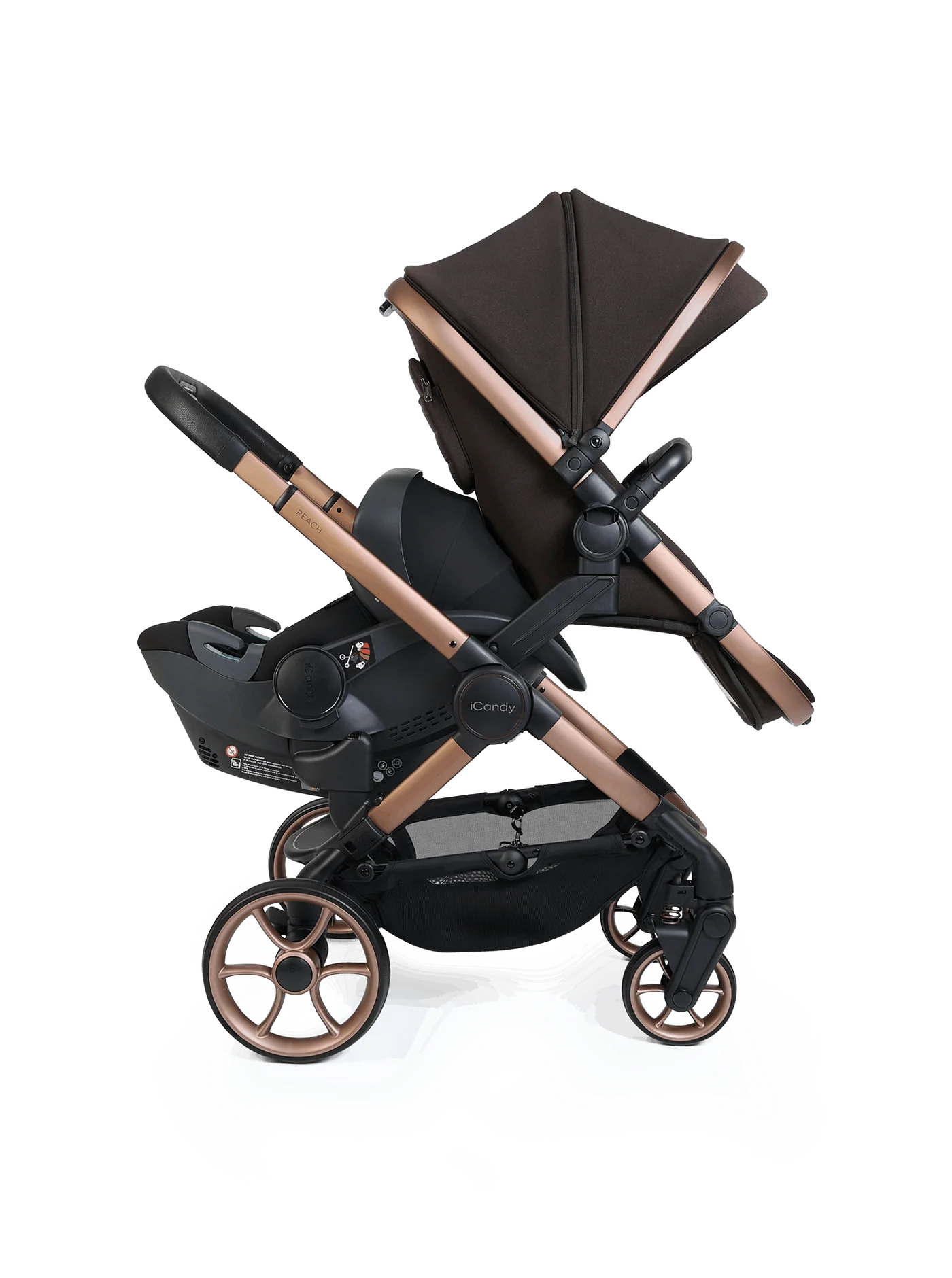 Peach 8 Pecan 3-1 kinderwagen en reiswieg – Dubbele combinatie met 360-graden draaibaar autostoeltje