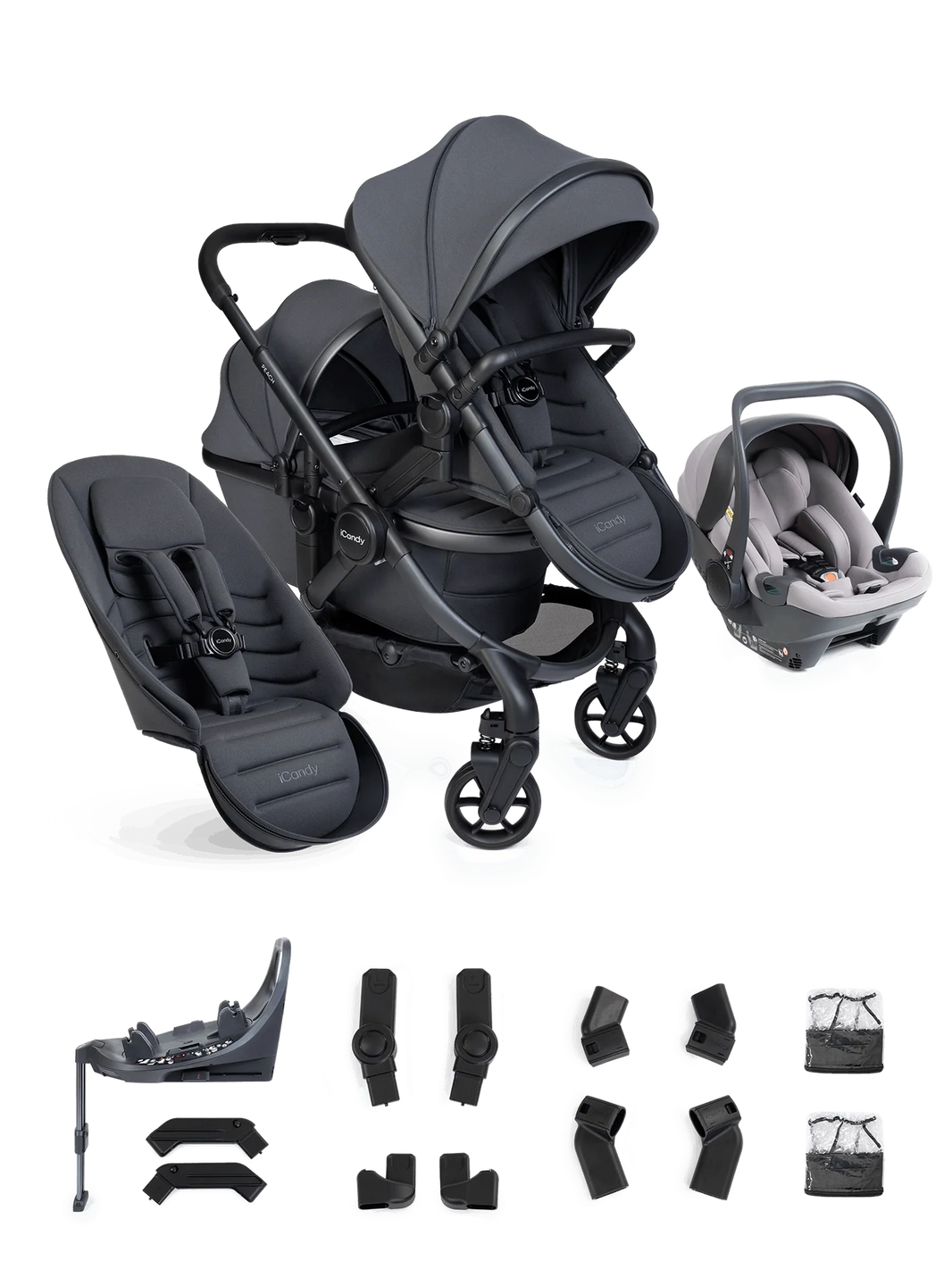 iCandy Peach 8 Twin 3-in-1 Kinderwagen – Grey – Complete Bundle