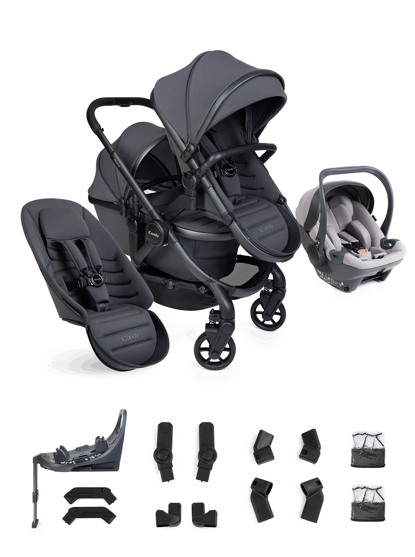 Peach 8 grijze 3-1 kinderwagen en reiswieg – combinatie met twee 360-graden draaibare autostoeltjes