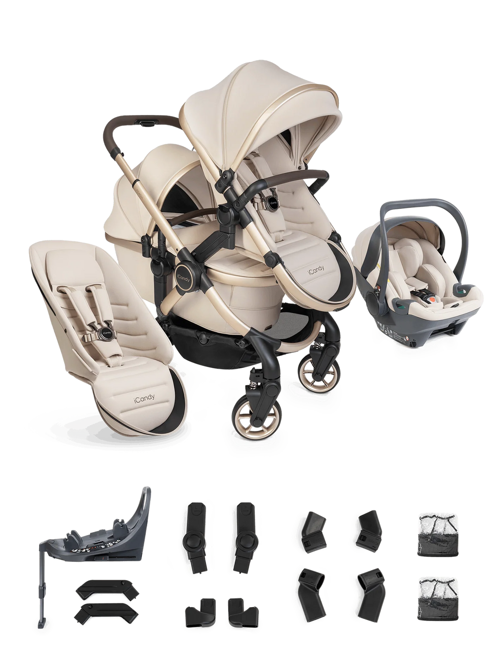 iCandy Peach 8 Twin 3-in-1 Kinderwagen – Biscotti – Complete Bundle