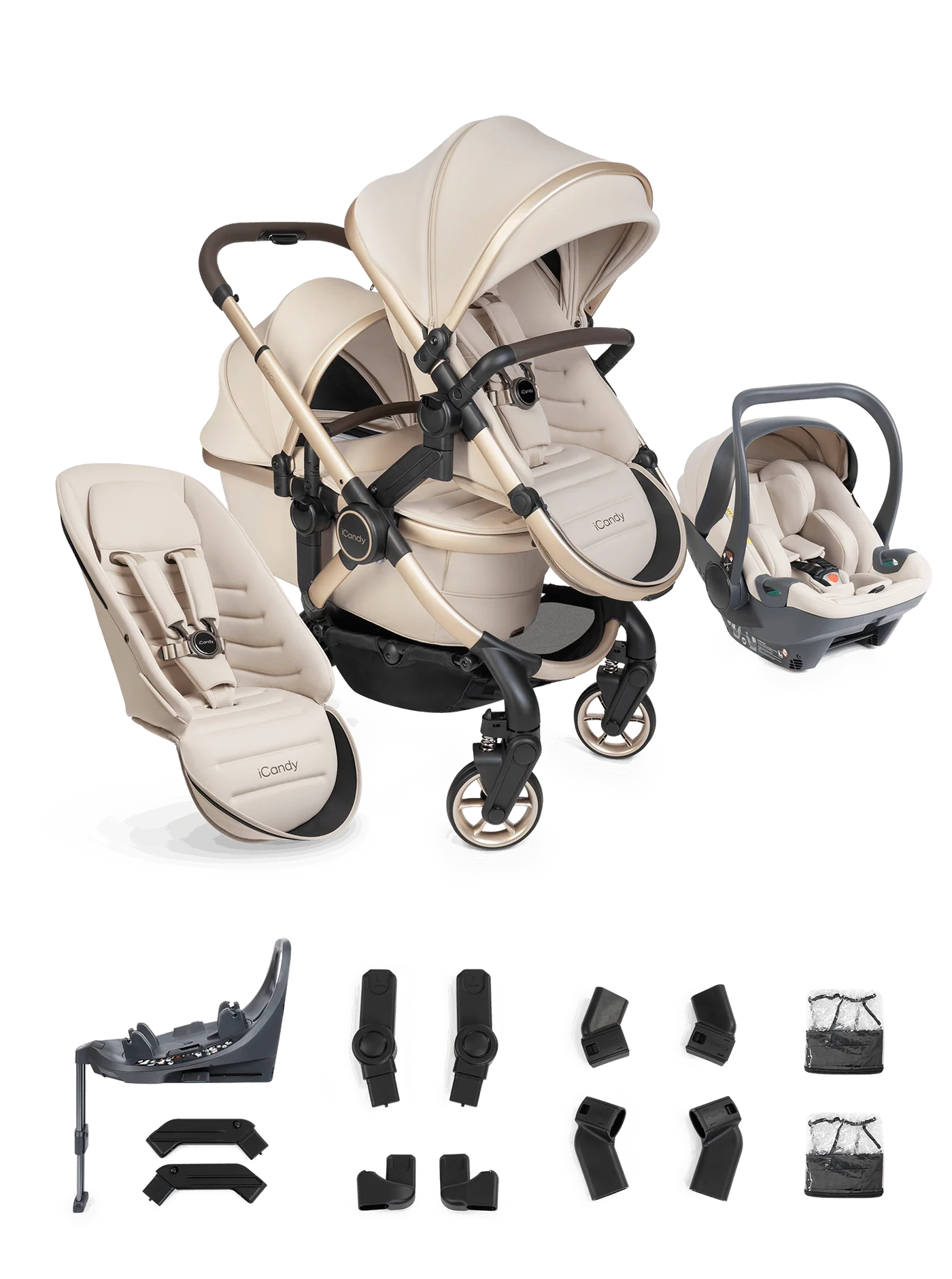 iCandy Peach 8 Twin 3-in-1 Kinderwagen – Biscotti – Complete Bundle