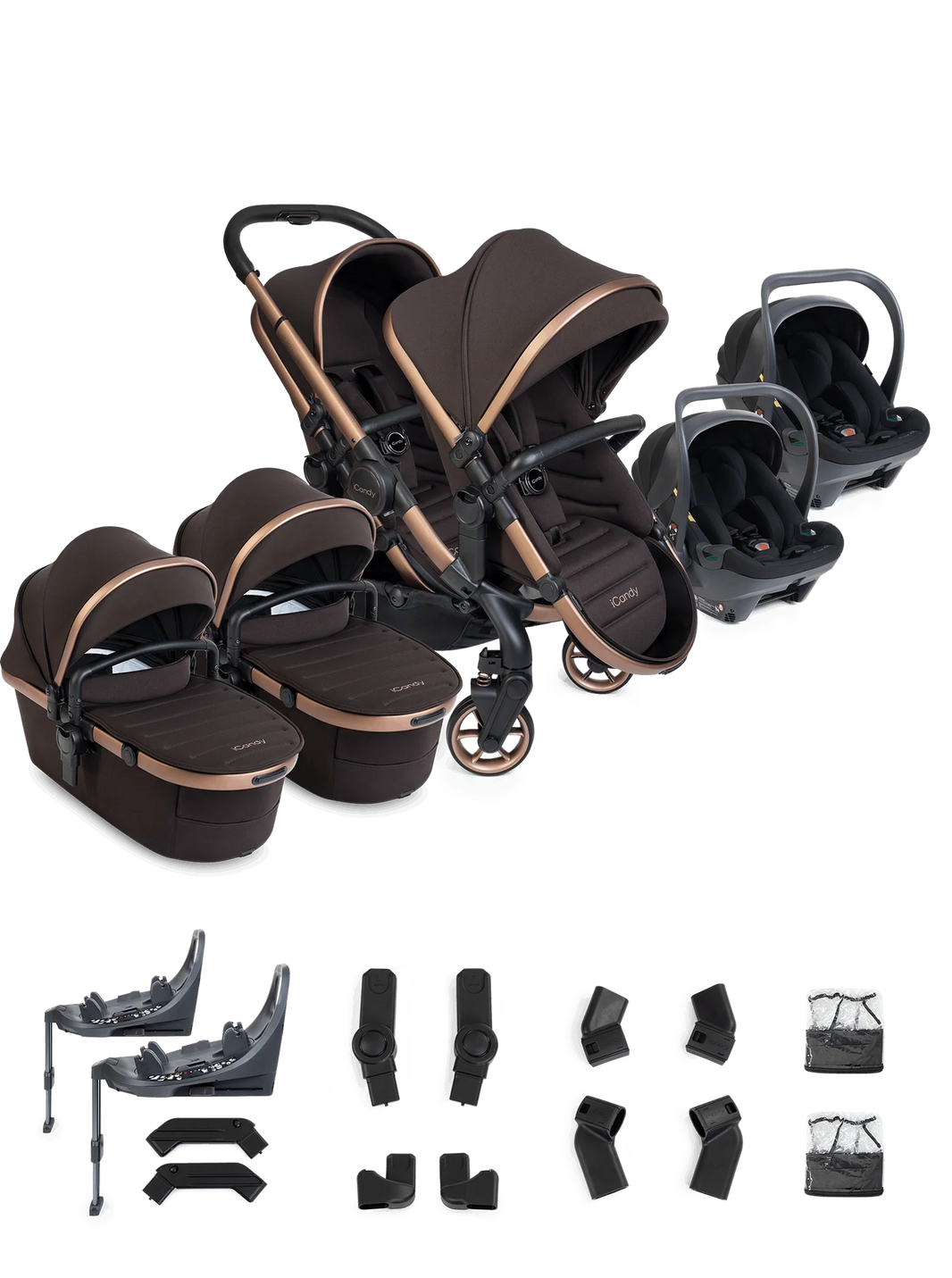 iCandy Peach 8 Twin 3-in-1 Kinderwagen – Pecan – Complete Bundle
