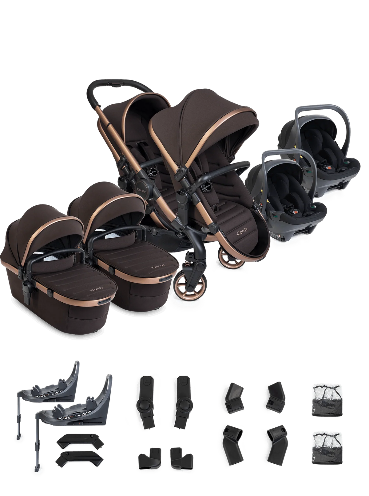 iCandy Peach 8 Twin 3-in-1 Kinderwagen – Pecan – Complete Bundle